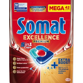 Hlavný obrázok Somat Excellence Premium 5in1 Extra Boost kapsule do umývačky riadu 781,2g 42ks